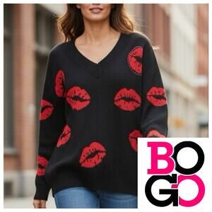 Madden NYC Sweater Lips Long sleeve V neck Size Oversized Med